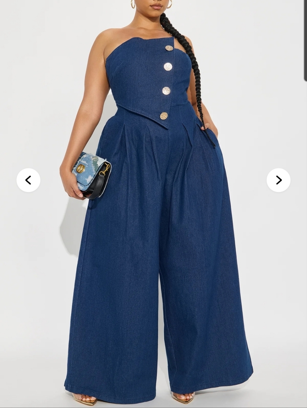 Fashion Nova Navy Strapless Wide-Leg Jumpsuit with Gold Buttons
